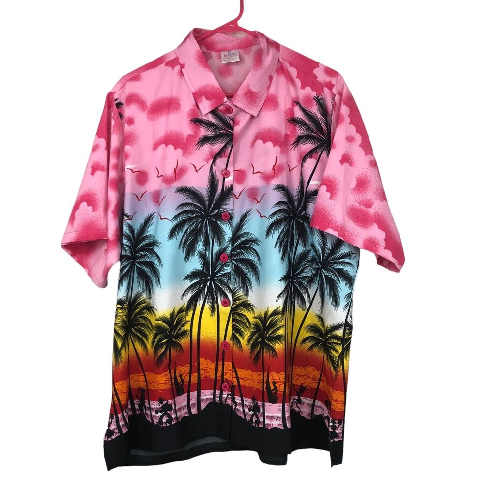 Vintage Coastal, Island Button up shirt, Hawaiian, Tiki, Beach Party, Palm SZ XL